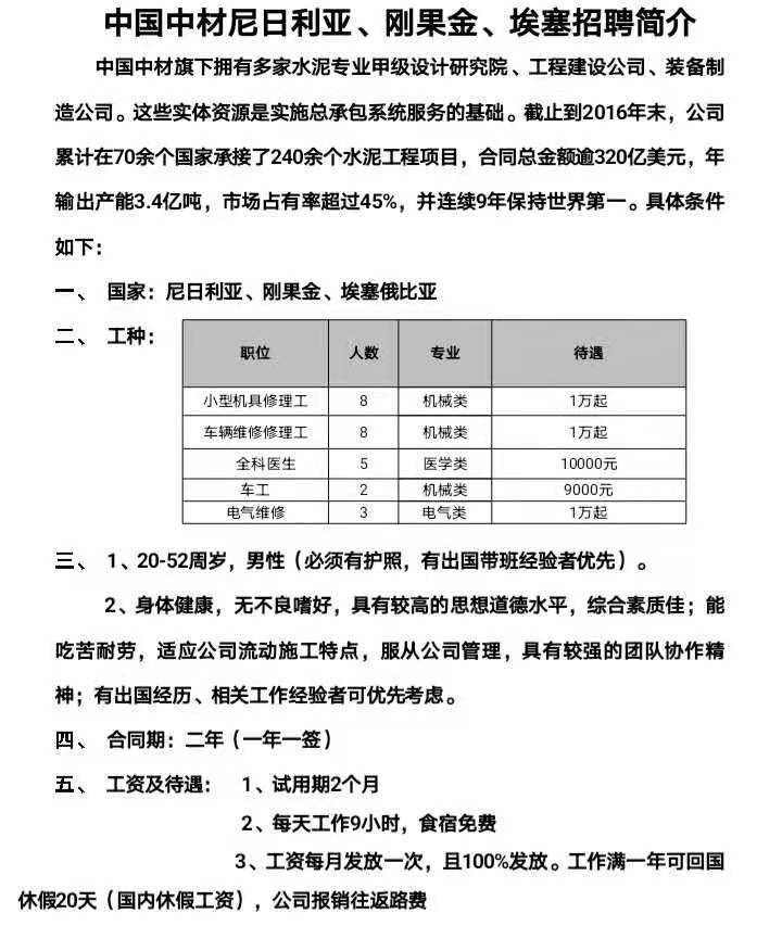 中材尼日利亞、剛果金、埃塞招工簡章